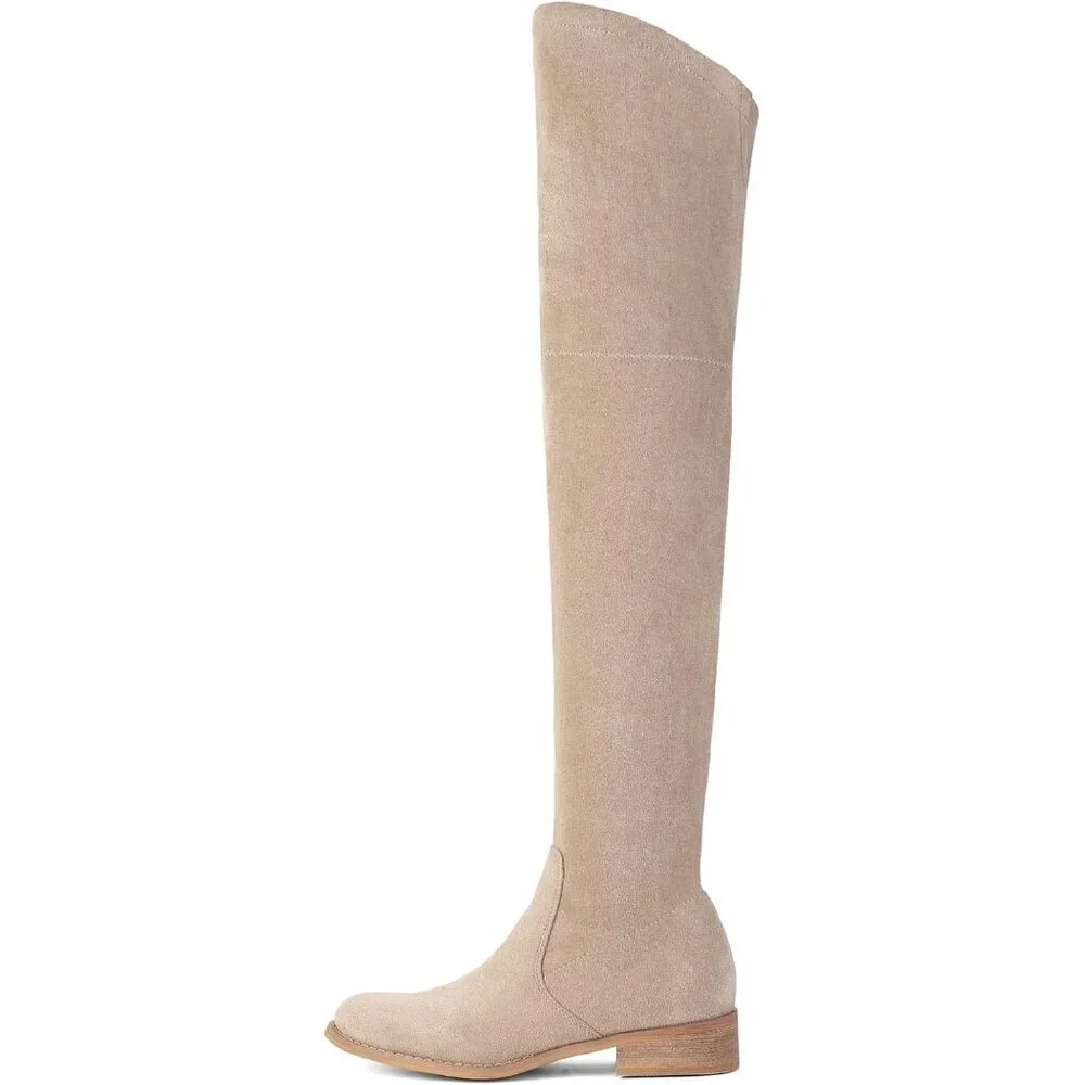 Women Khaki Faux Suede Over The Knee Thigh High Low Block Heel Pointed Toe Boot